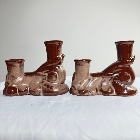 Frankoma Vintage Ceramic 304 Prairie Brown Double Candle Holder Set Of 2 - Picture 2 of 11